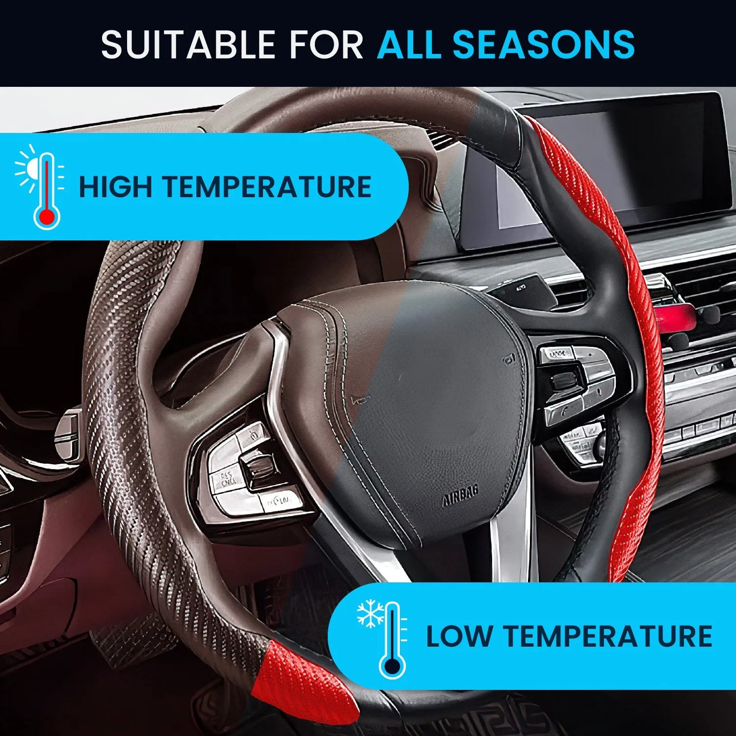 Advanced Fiber Steering Wheel Grip Cover for All Cars with Premium Carbon Red Finish - Universal Size Safe, Non-Slip and Stylish Car Interior Decoration Accessories, Set of 2 Pieces