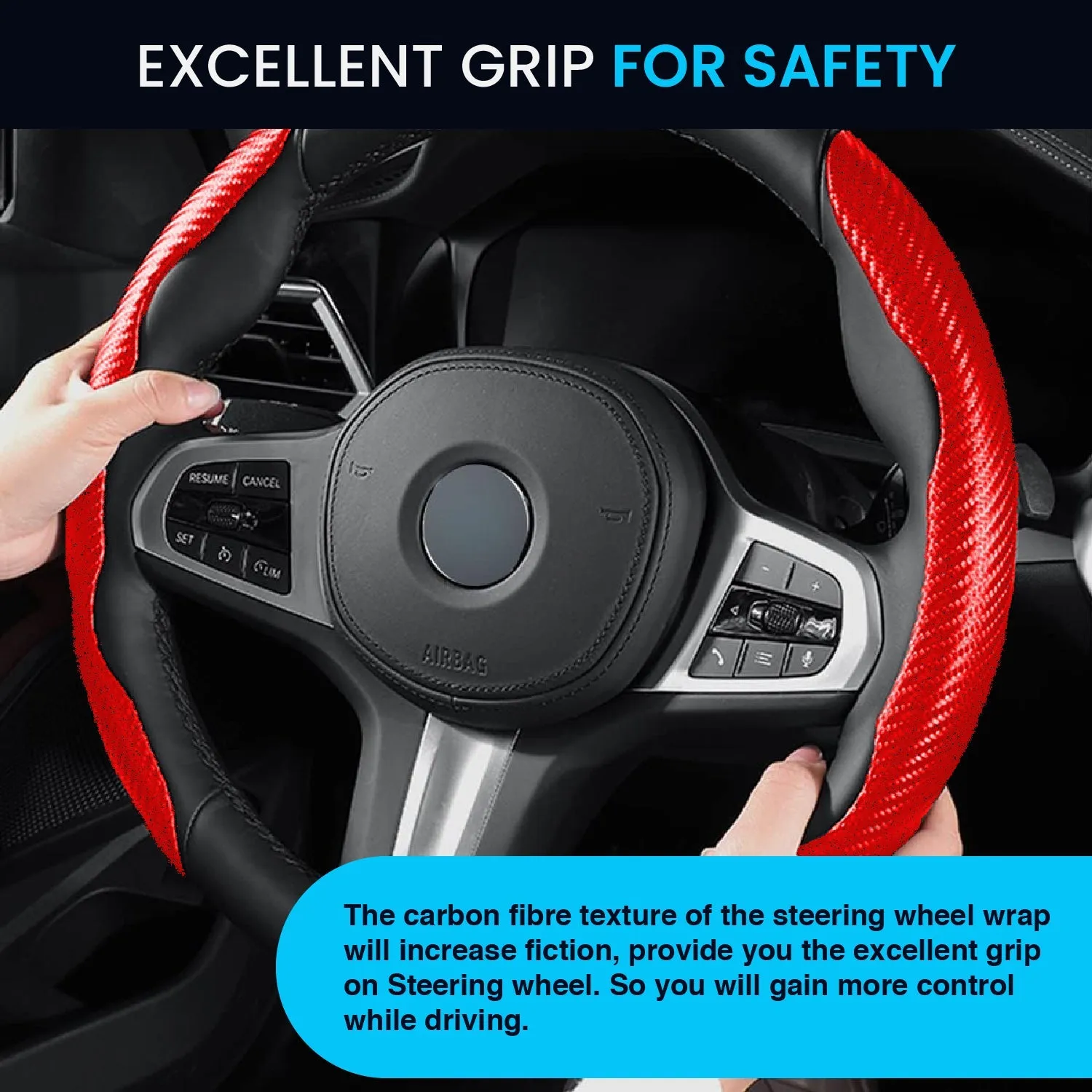 Advanced Fiber Steering Wheel Grip Cover for All Cars with Premium Carbon Red Finish - Universal Size Safe, Non-Slip and Stylish Car Interior Decoration Accessories, Set of 2 Pieces