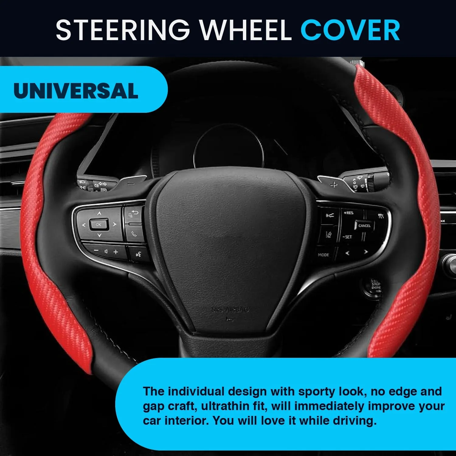 Advanced Fiber Steering Wheel Grip Cover for All Cars with Premium Carbon Red Finish - Universal Size Safe, Non-Slip and Stylish Car Interior Decoration Accessories, Set of 2 Pieces