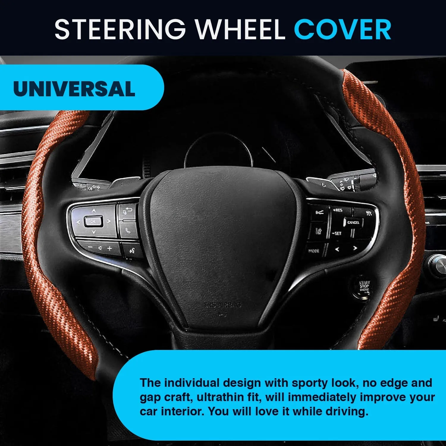 Advanced Fiber Steering Wheel Grip Cover for All Cars with Premium Carbon Tan Finish - Universal Size Safe, Non-Slip and Stylish Car Interior Decoration Accessories, Set of 2 Pieces