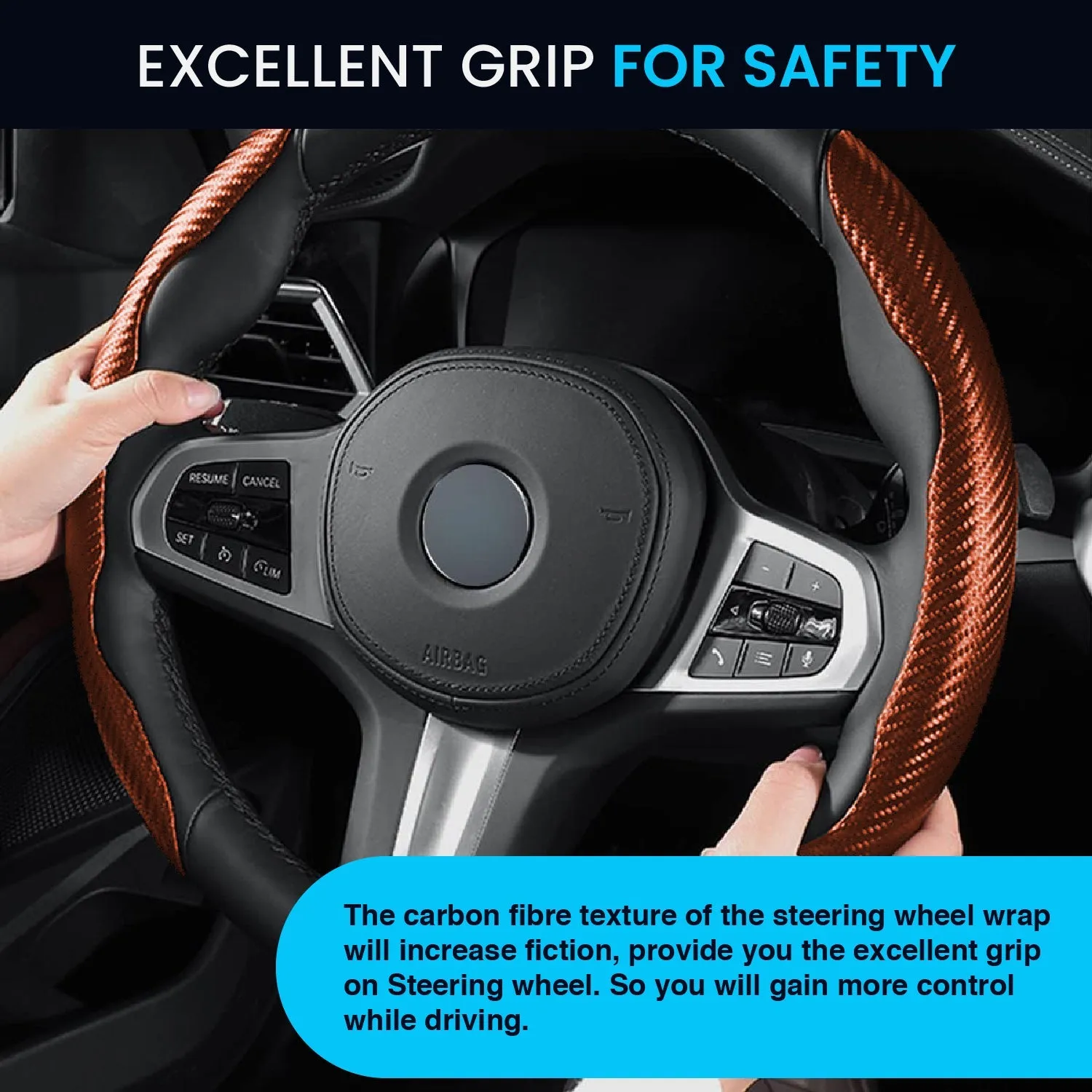 Advanced Fiber Steering Wheel Grip Cover for All Cars with Premium Carbon Tan Finish - Universal Size Safe, Non-Slip and Stylish Car Interior Decoration Accessories, Set of 2 Pieces