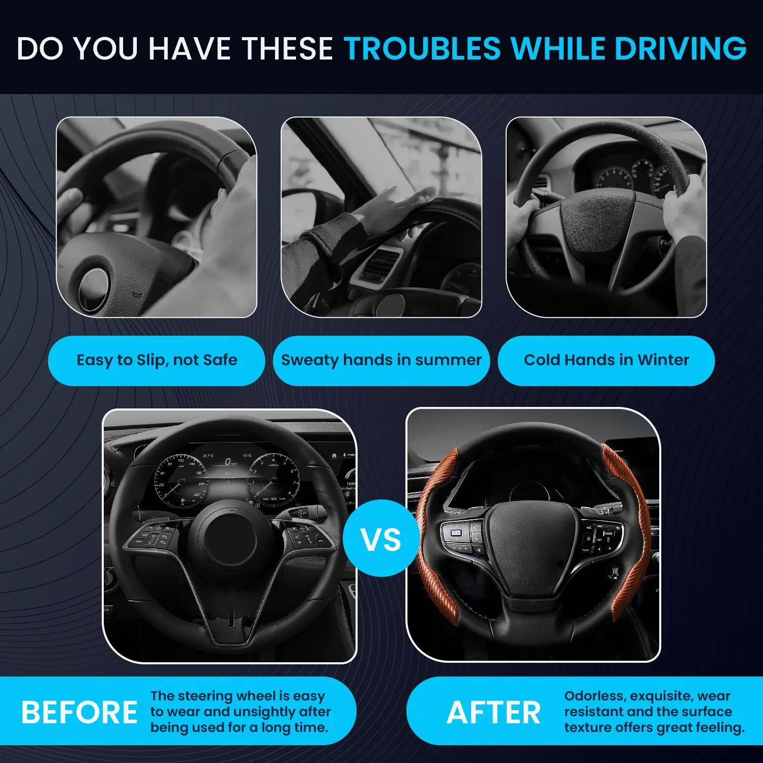 Advanced Fiber Steering Wheel Grip Cover for All Cars with Premium Carbon Tan Finish - Universal Size Safe, Non-Slip and Stylish Car Interior Decoration Accessories, Set of 2 Pieces