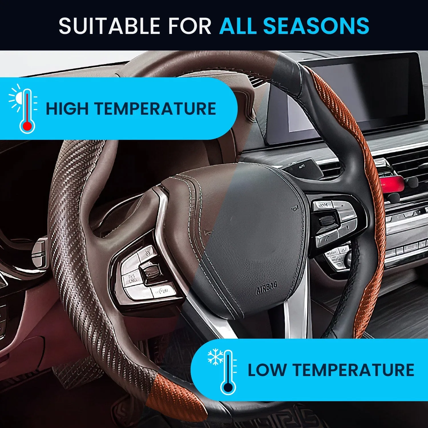 Advanced Fiber Steering Wheel Grip Cover for All Cars with Premium Carbon Tan Finish - Universal Size Safe, Non-Slip and Stylish Car Interior Decoration Accessories, Set of 2 Pieces