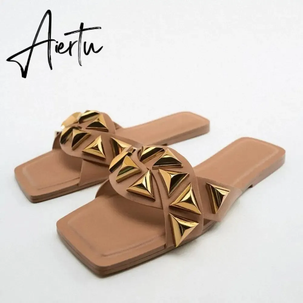 Aiertu Women's Summer Gold Kbot Flat Sandal Sexy Thin Straps Luxury Slippers Square Toe Flip Flops Casual Beach Flats
