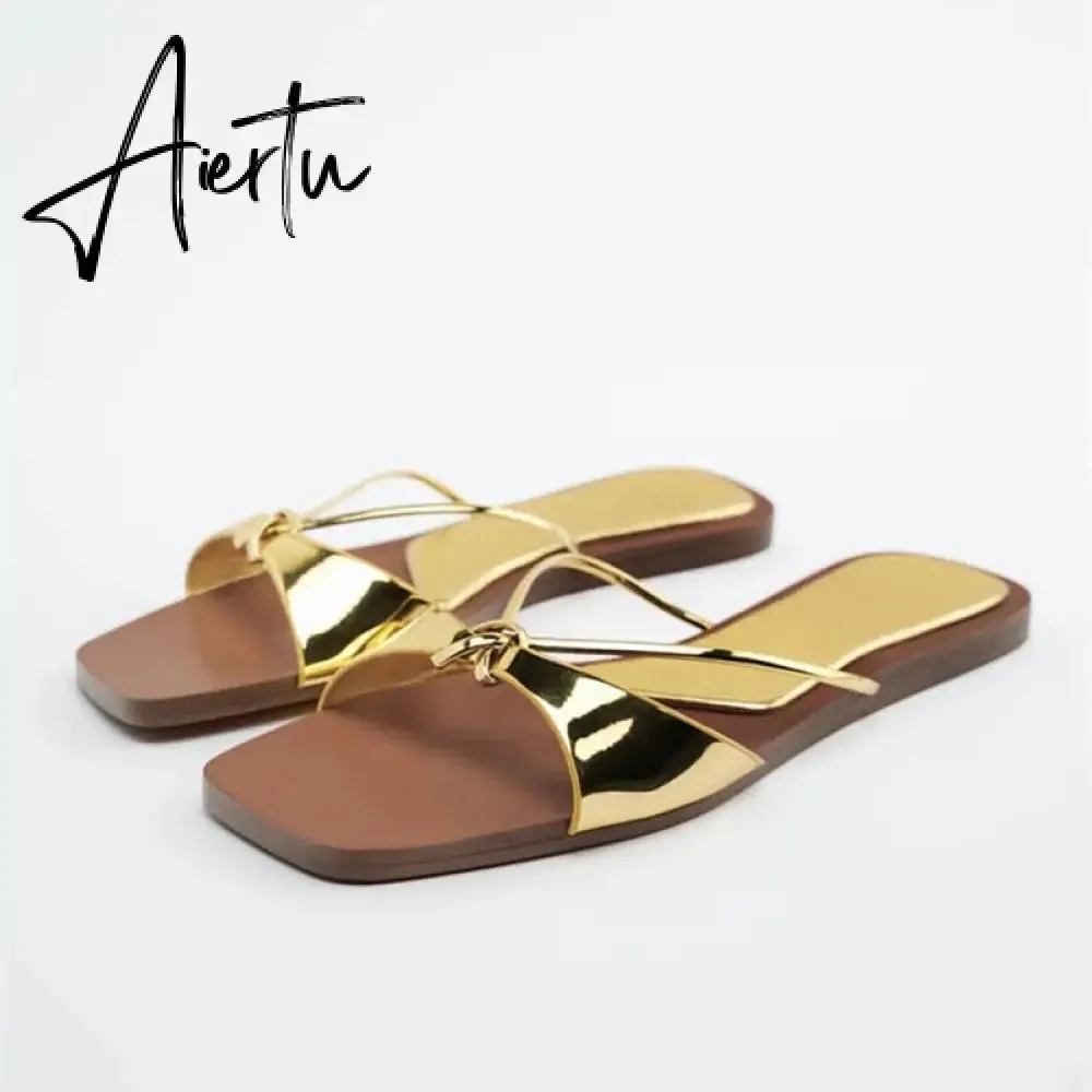 Aiertu Women's Summer Gold Kbot Flat Sandal Sexy Thin Straps Luxury Slippers Square Toe Flip Flops Casual Beach Flats