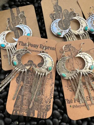 Crescent Moon hand stamped Turquoise Earrings