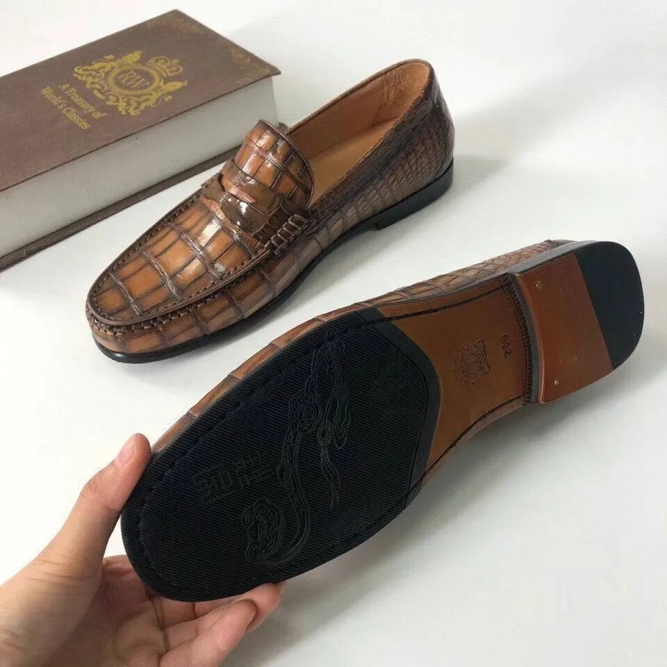 Crocodile Shoes Crocodile  Leather Shoes Mens Slip-On Driving Loafer Shoes Vintage Brown