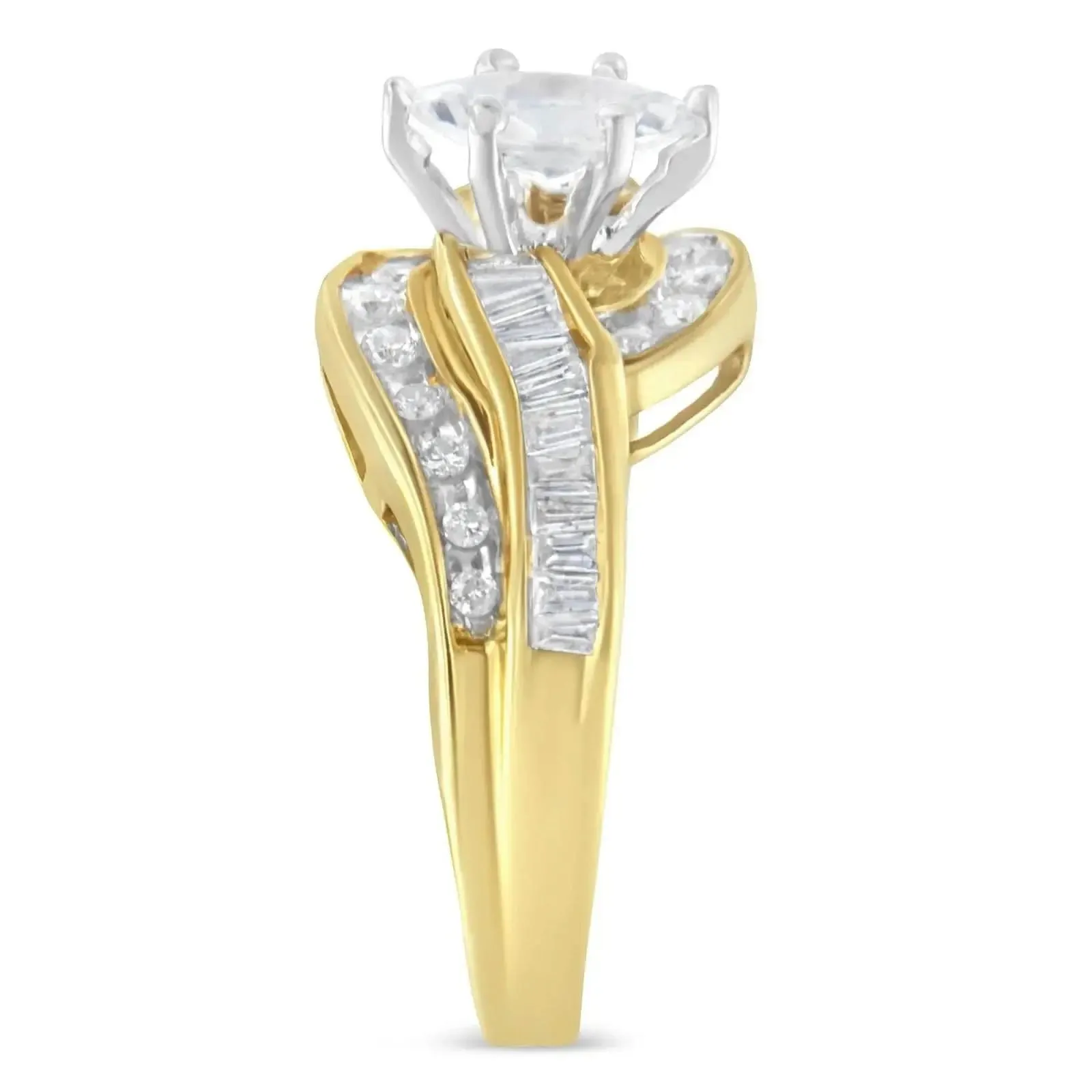 Elegant 14KT Two-Toned Gold Bypass Ring with Marquise, Baguette, and Round Cut Diamonds