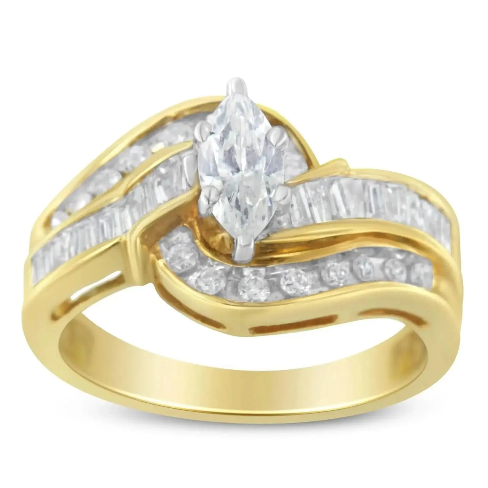 Elegant 14KT Two-Toned Gold Bypass Ring with Marquise, Baguette, and Round Cut Diamonds