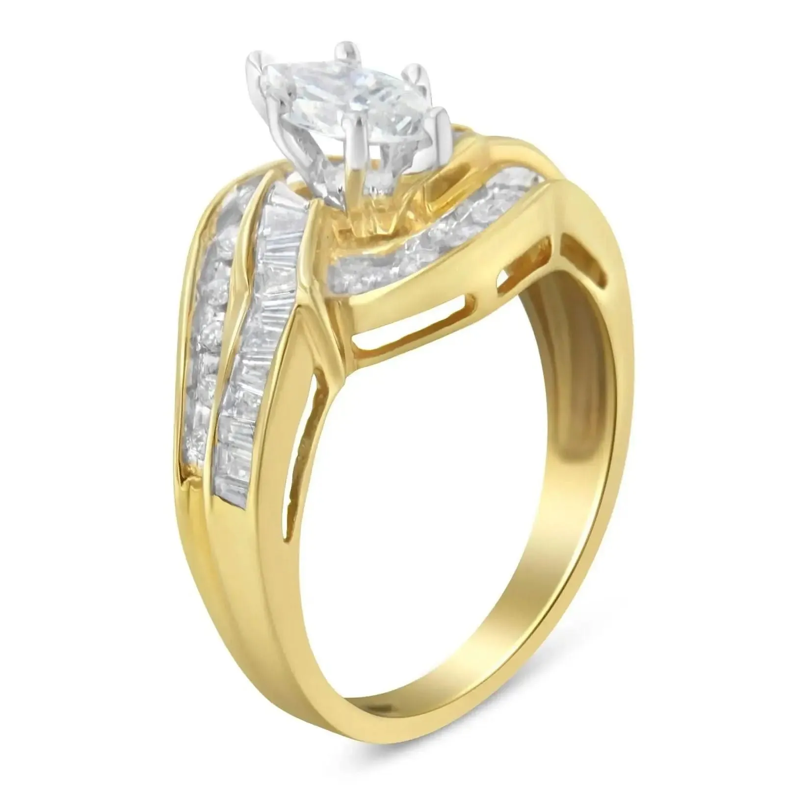 Elegant 14KT Two-Toned Gold Bypass Ring with Marquise, Baguette, and Round Cut Diamonds