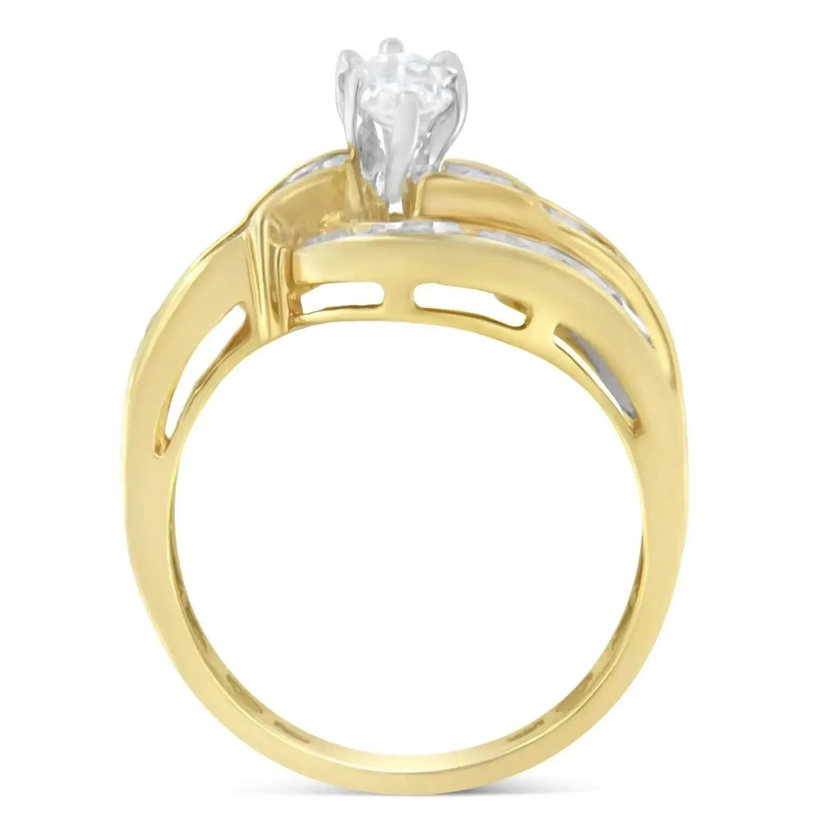 Elegant 14KT Two-Toned Gold Bypass Ring with Marquise, Baguette, and Round Cut Diamonds