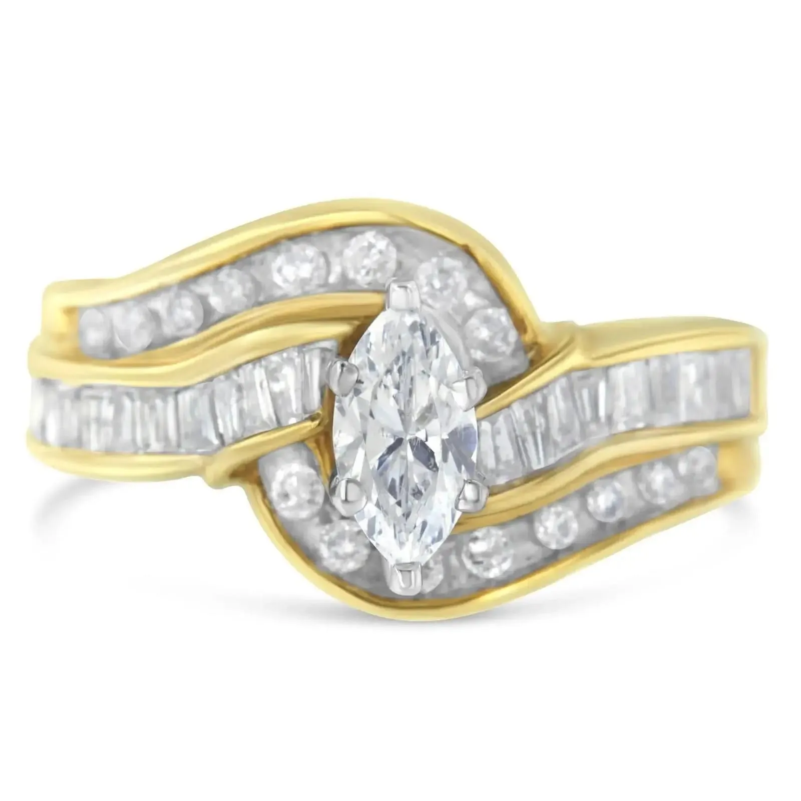 Elegant 14KT Two-Toned Gold Bypass Ring with Marquise, Baguette, and Round Cut Diamonds