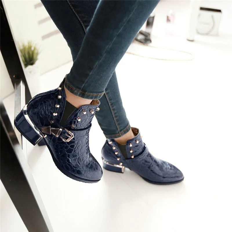 Exotic Alligator Texture Square Heel Leather Booties