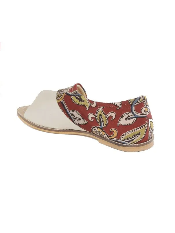 Off White Blossom Kalamkari Blockprinted Open Toe Flats