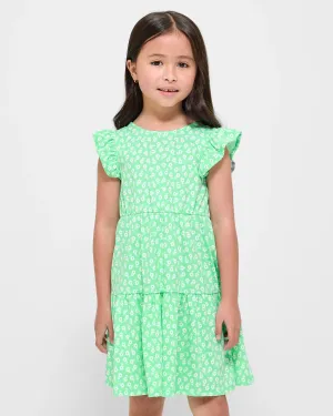 popular  Frill Sleeve Cut Out Back Dress - Green Floral