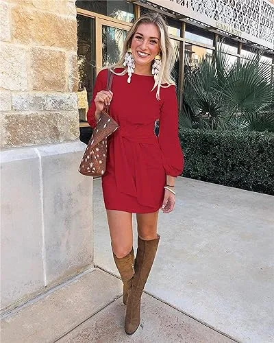 PRETTYGARDEN Women’s Elegant Long Lantern Sleeve Short Dress Crewneck Tie Waist Knit Cocktail Dress Dark Green