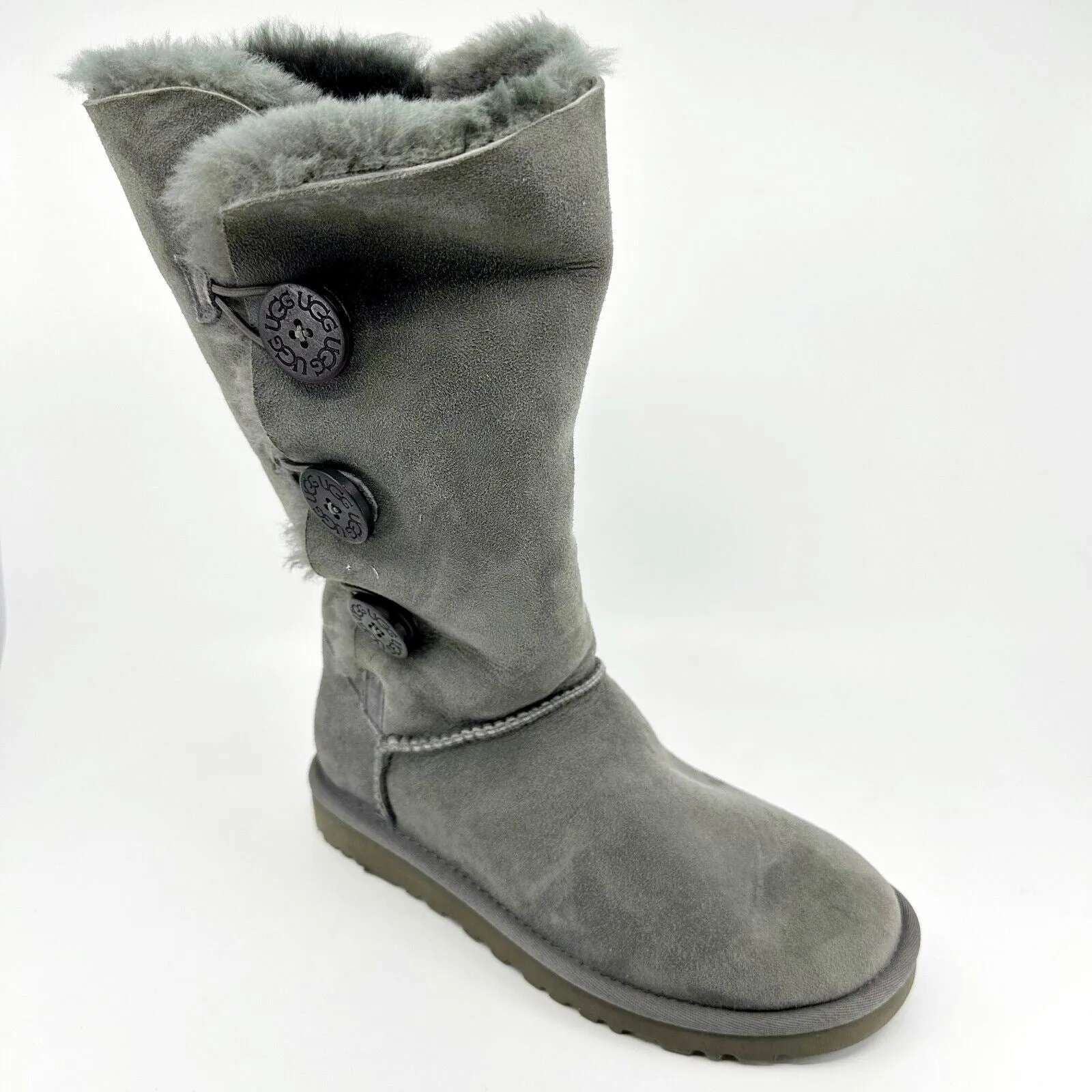 UGG Bailey Button Triplet Grey Womens Sheepskin Suede Tall Boots