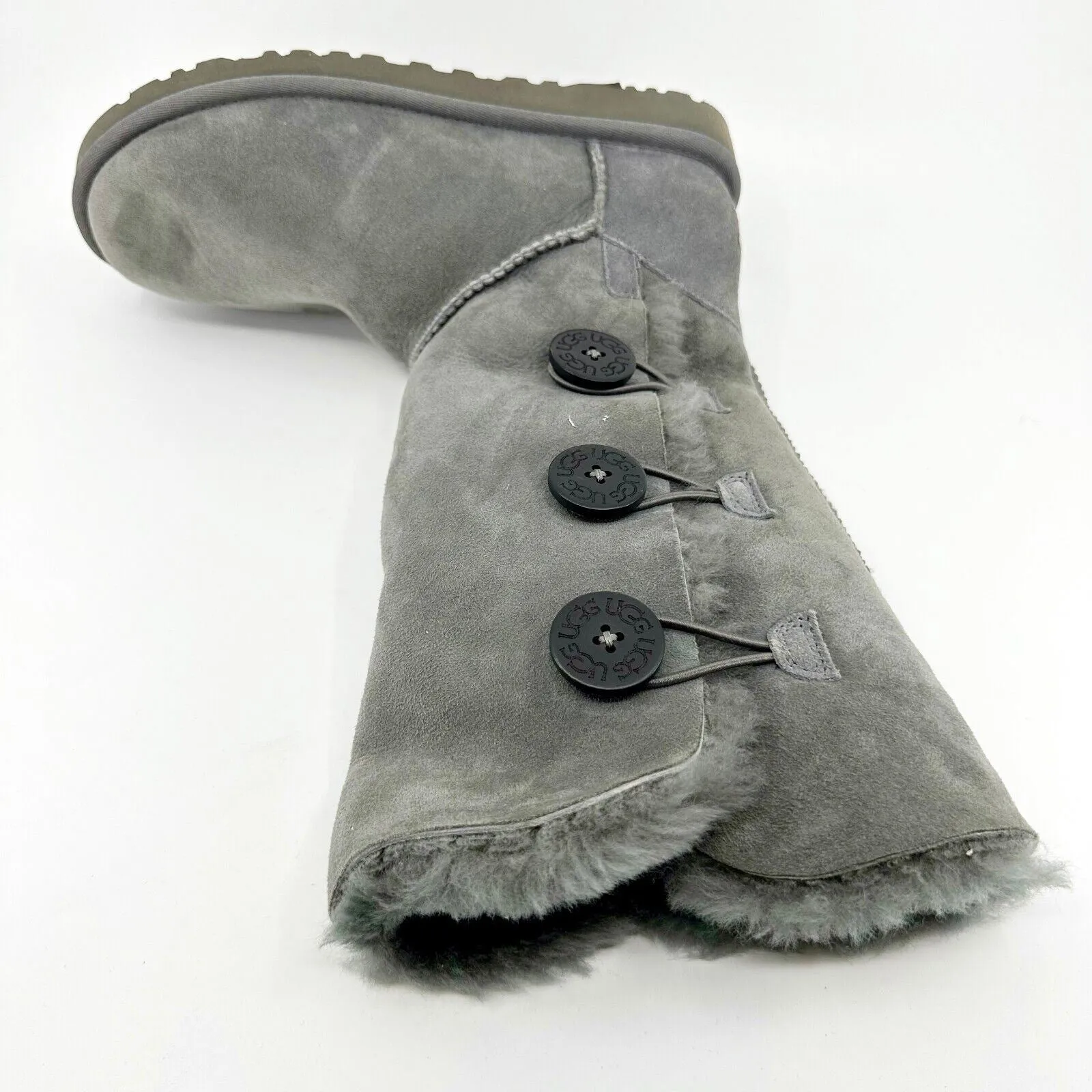 UGG Bailey Button Triplet Grey Womens Sheepskin Suede Tall Boots