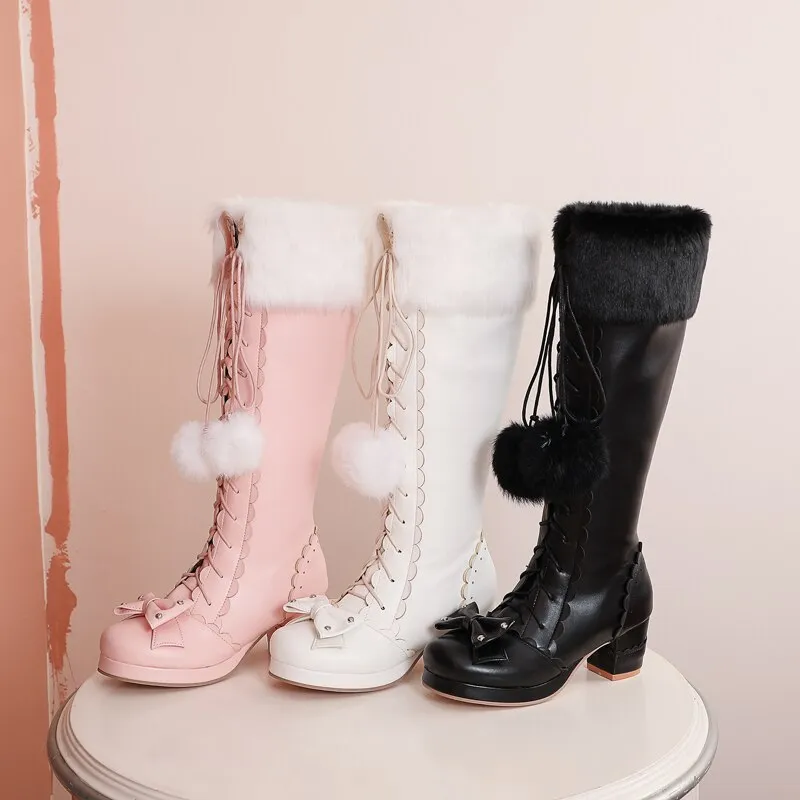 Womens Kawaii Knee High Lace Up Pink Lolita Boots