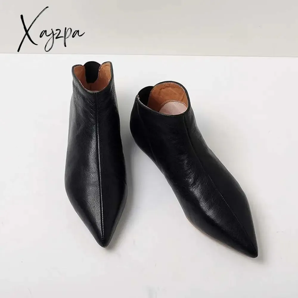 Xajzpa - Pot Big Size Full Grain Leather Soft Winter Spring Shoes Modern Girl Pointed Toe Slip on Flats Office Lady Pregnant Shoe