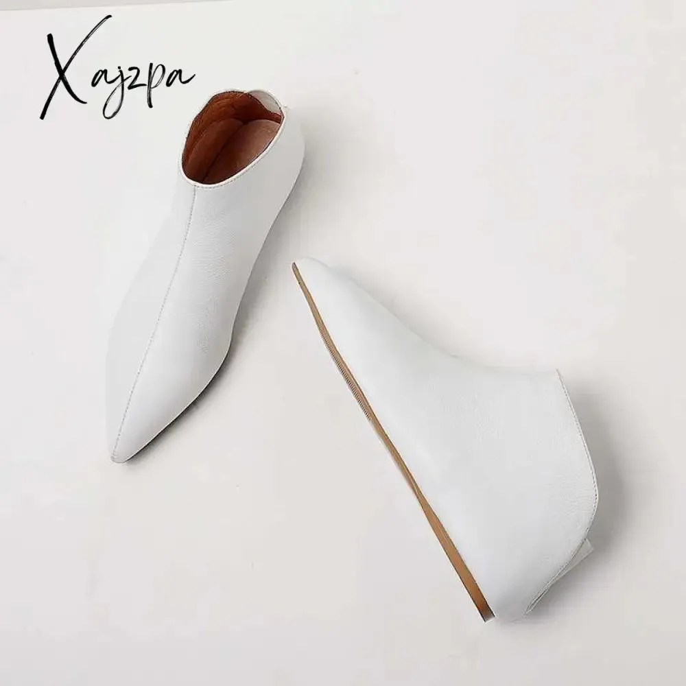 Xajzpa - Pot Big Size Full Grain Leather Soft Winter Spring Shoes Modern Girl Pointed Toe Slip on Flats Office Lady Pregnant Shoe