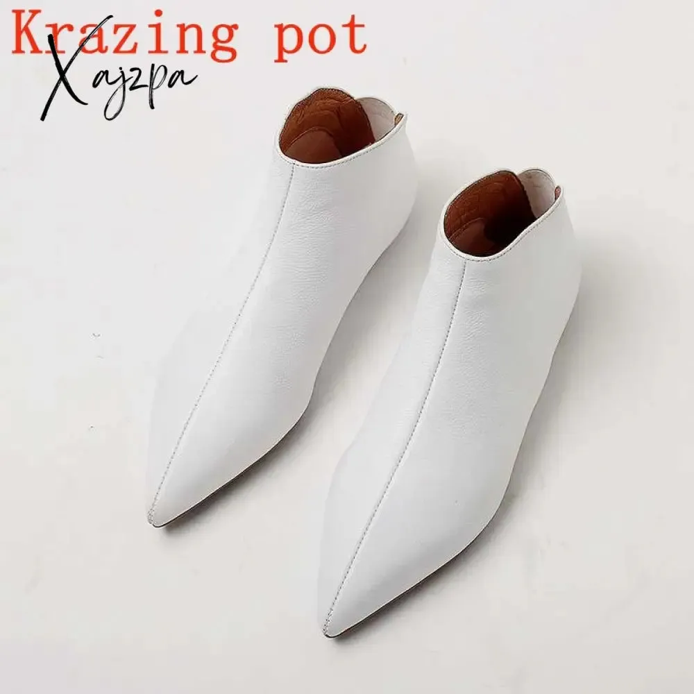 Xajzpa - Pot Big Size Full Grain Leather Soft Winter Spring Shoes Modern Girl Pointed Toe Slip on Flats Office Lady Pregnant Shoe